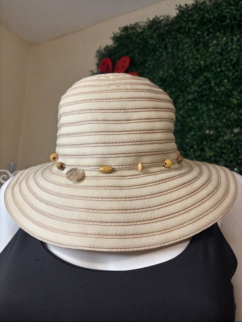 Cream Wide-Brim Sun Hat with Decorative Bead Band